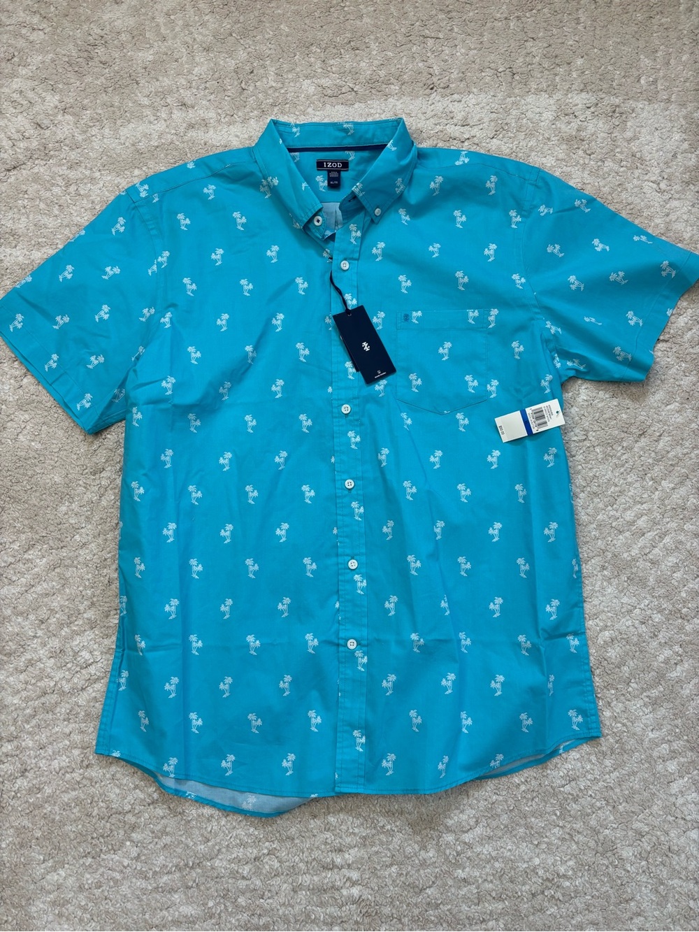 Izod Teal Short-Sleeve Button-Down Shirt with White Palm Print